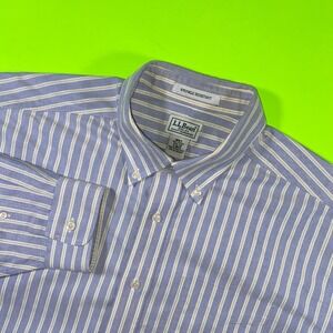 LL Bean Mens Button Shirt Blue White Strip Wrinkle Resistant Cotton Size 17.5 33
